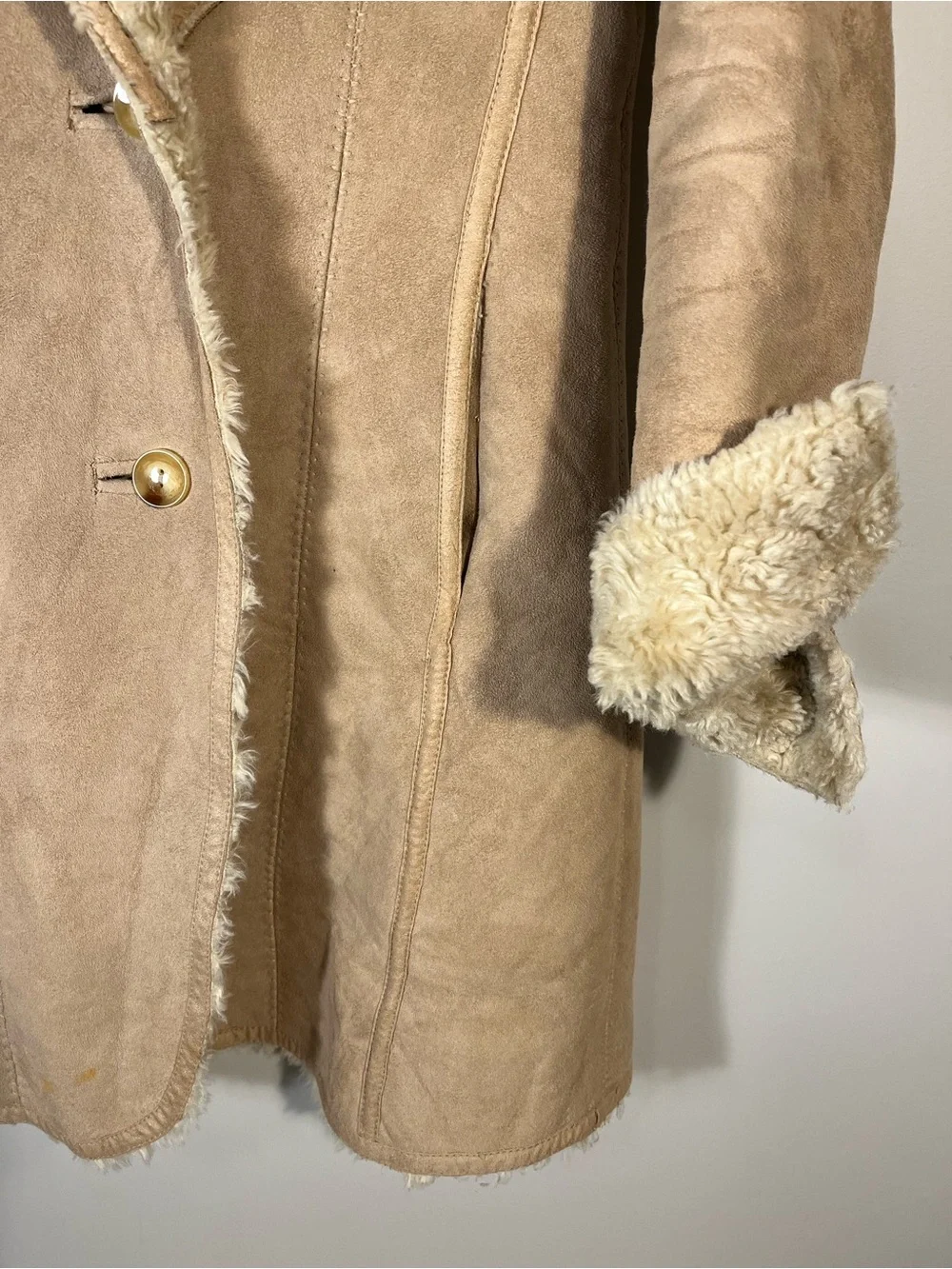 Mossimo Tan Faux Suede Coat Faux Fur Shearling Lining 70s Vintage Inspired